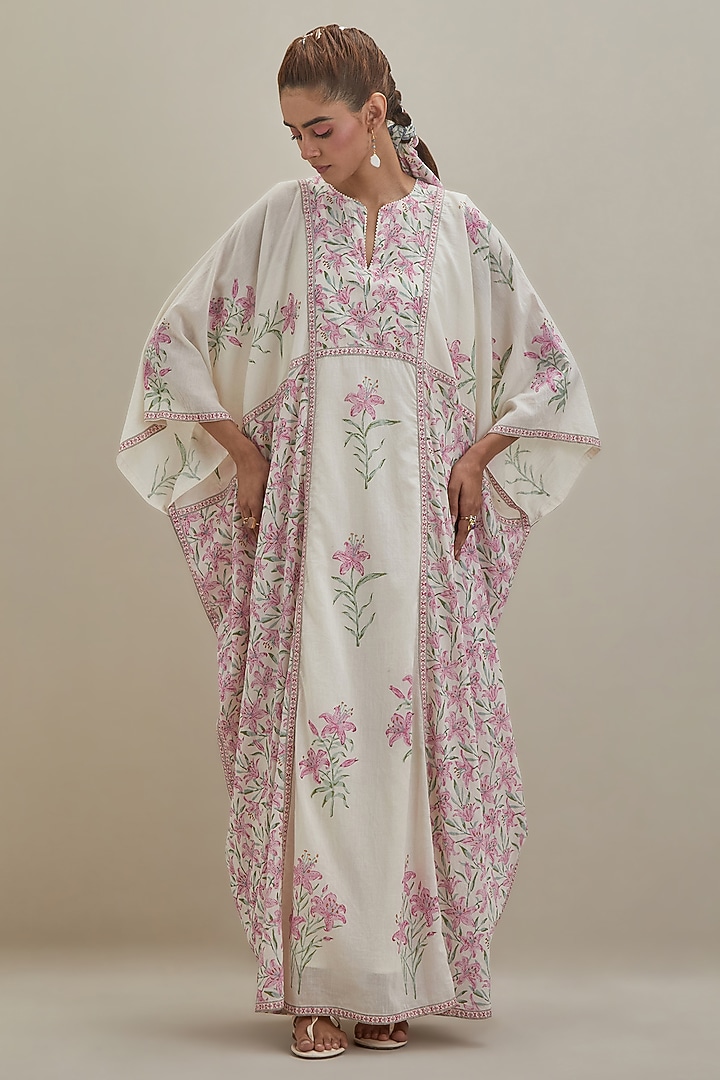 Off-White Cotton Chanderi Hand Block Printed Kaftan by Kora at Pernia's Pop Up Shop