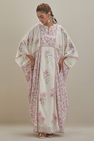 Off-White Cotton Chanderi Hand Block Printed Kaftan by Kora
