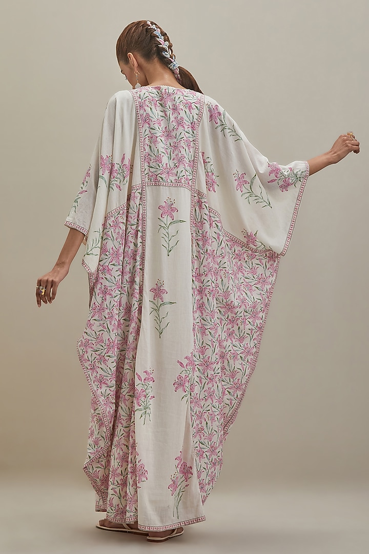 Off-White Cotton Chanderi Hand Block Printed Kaftan by Kora at Pernia's Pop Up Shop