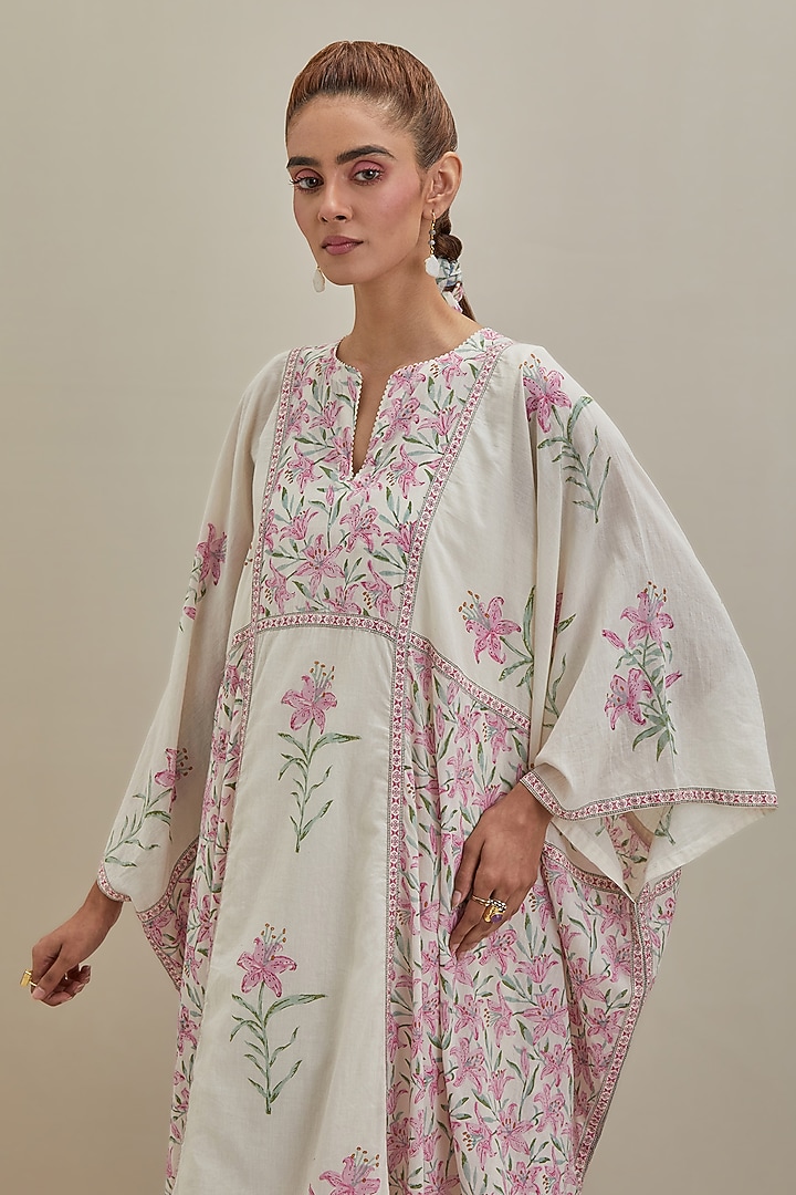 Off-White Cotton Chanderi Hand Block Printed Kaftan by Kora at Pernia's Pop Up Shop