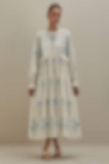 Off-White Cotton Chanderi Hand Block Printed Summer Dress by Kora at Pernia's Pop Up Shop