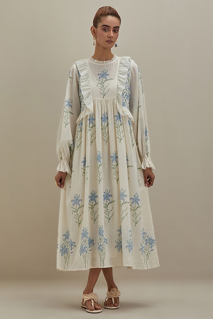 Off-White Cotton Chanderi Hand Block Printed Summer Dress by Kora at Pernia's Pop Up Shop