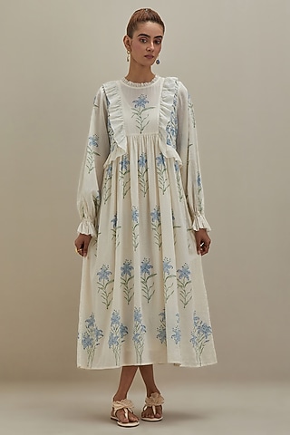 Off-White Cotton Chanderi Hand Block Printed Dress by Kora