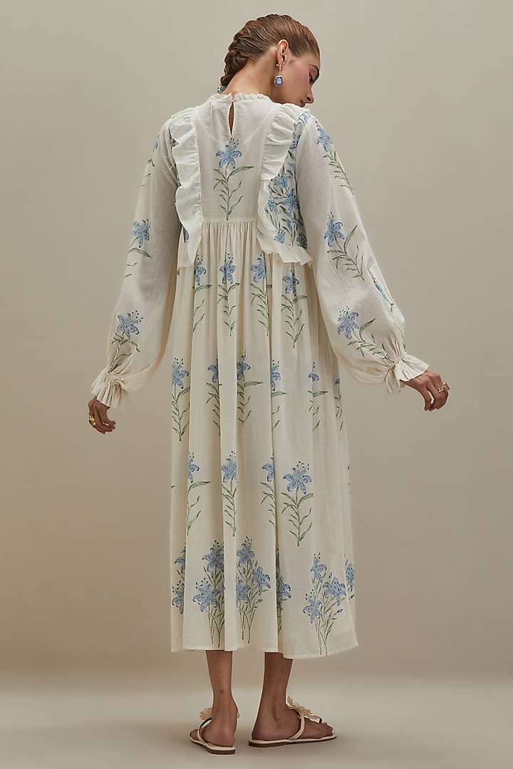 Off-White Cotton Chanderi Hand Block Printed Summer Dress by Kora at Pernia's Pop Up Shop