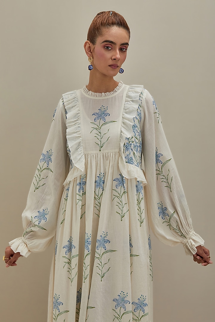 Off-White Cotton Chanderi Hand Block Printed Summer Dress by Kora at Pernia's Pop Up Shop