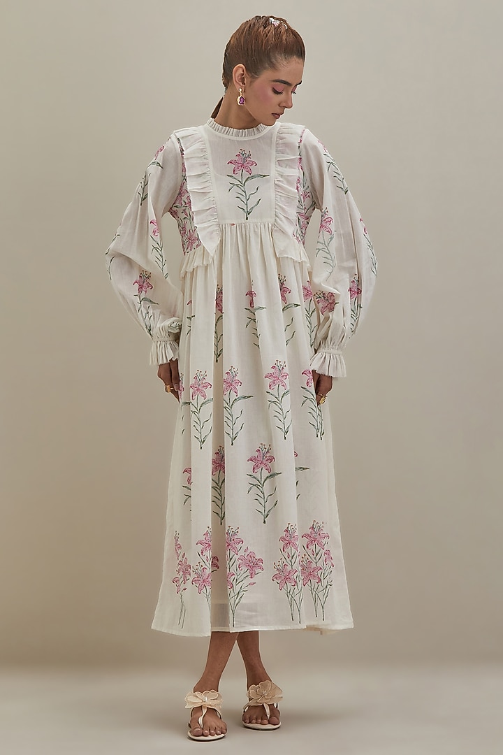 Off-White Cotton Chanderi Hand Block Printed Summer Dress by Kora at Pernia's Pop Up Shop