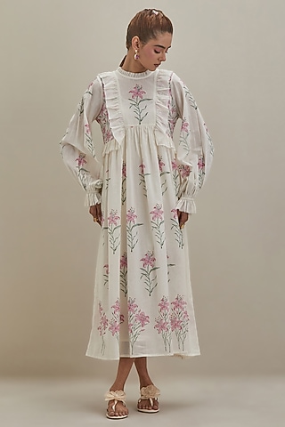 Off-White Cotton Chanderi Hand Block Printed Dress by Kora