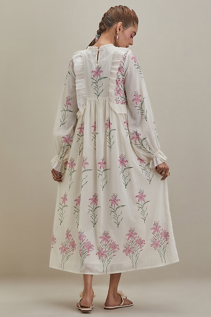 Off-White Cotton Chanderi Hand Block Printed Summer Dress by Kora at Pernia's Pop Up Shop