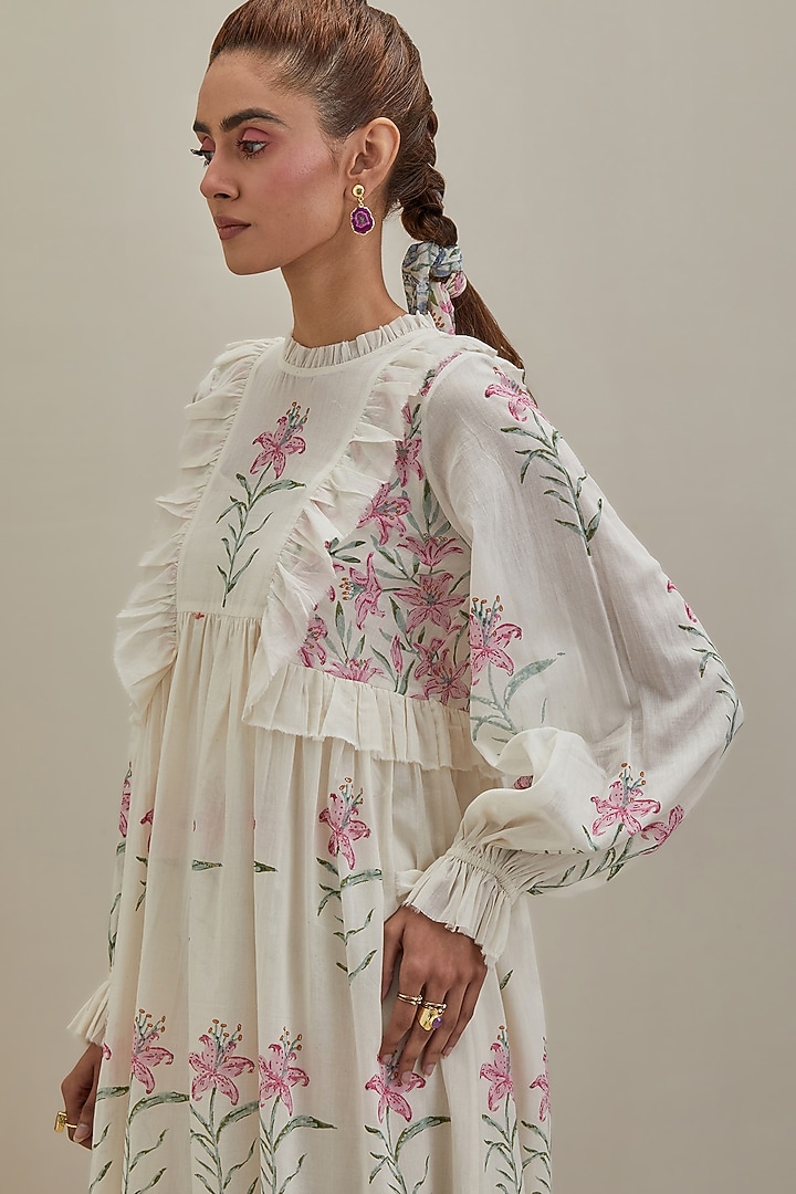 Off-White Cotton Chanderi Hand Block Printed Summer Dress by Kora at Pernia's Pop Up Shop