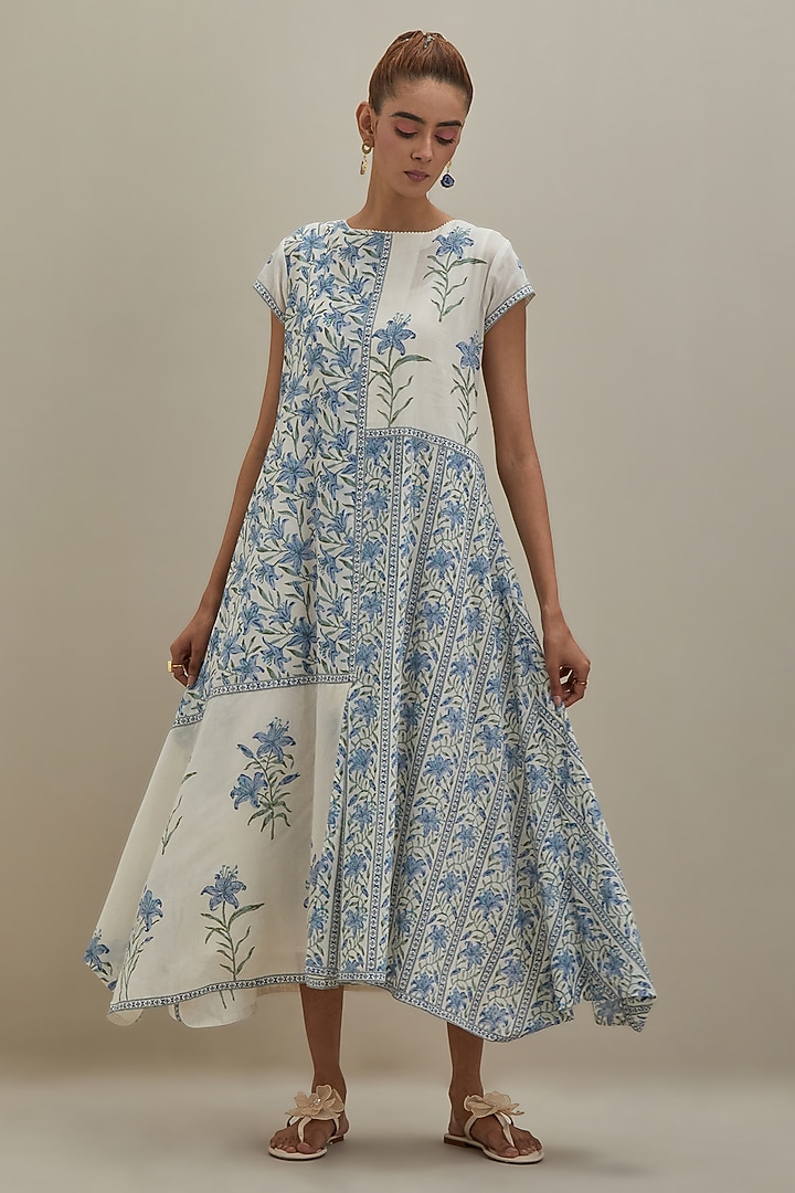 Off-White Cotton Chanderi Hand Block Printed Summer Dress by Kora at Pernia's Pop Up Shop