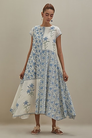 Off-White Cotton Chanderi Hand Block Printed Dress by Kora