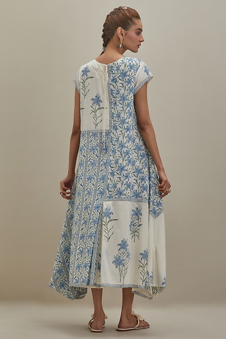 Off-White Cotton Chanderi Hand Block Printed Summer Dress by Kora at Pernia's Pop Up Shop