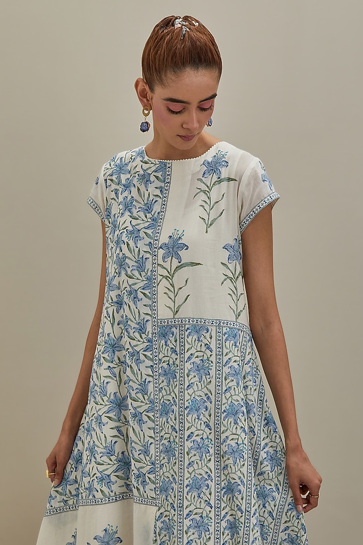 Off-White Cotton Chanderi Hand Block Printed Summer Dress by Kora at Pernia's Pop Up Shop