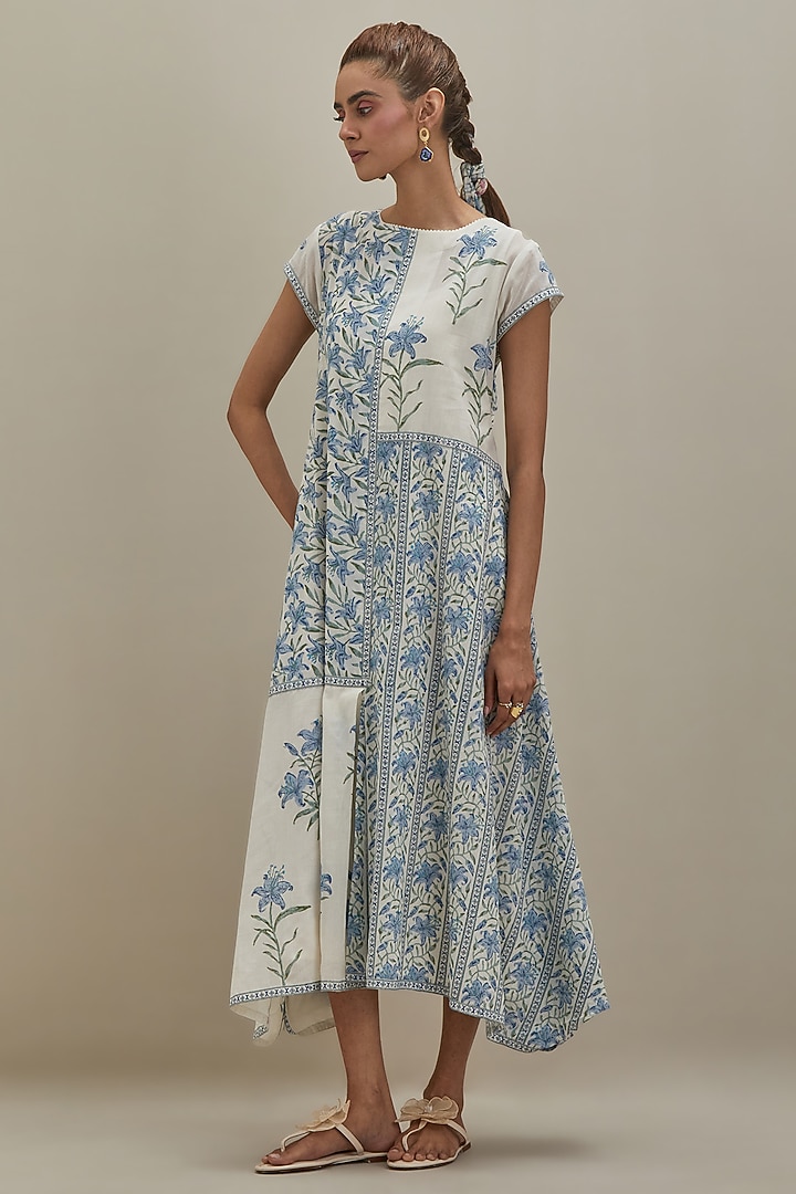 Off-White Cotton Chanderi Hand Block Printed Summer Dress by Kora at Pernia's Pop Up Shop