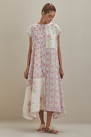 Off-White Cotton Chanderi Hand Block Printed Dress by Kora