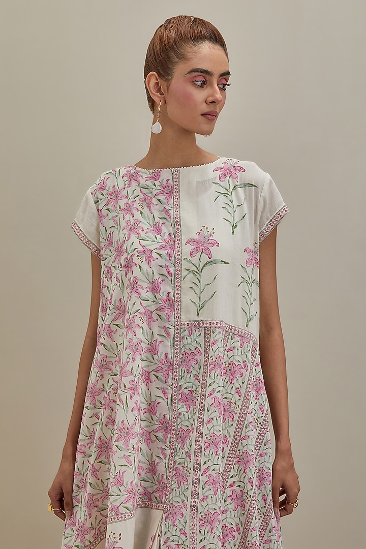 Off-White Cotton Chanderi Hand Block Printed Summer Dress by Kora at Pernia's Pop Up Shop