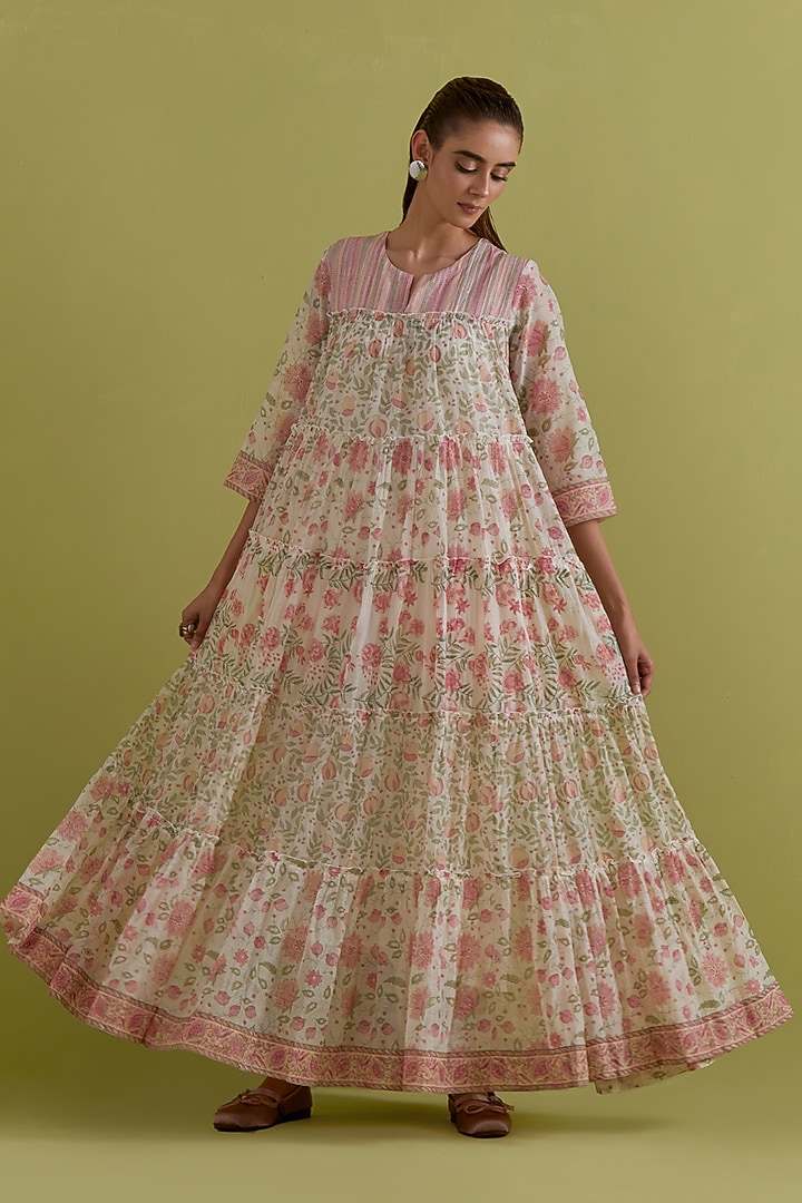 Off-White Cotton Chanderi Hand-Block Printed Kurta Set by Kora at Pernia's Pop Up Shop