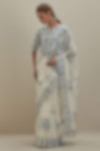 Off-White Cotton Chanderi Hand Block Printed Festive Saree by Kora at Pernia's Pop Up Shop