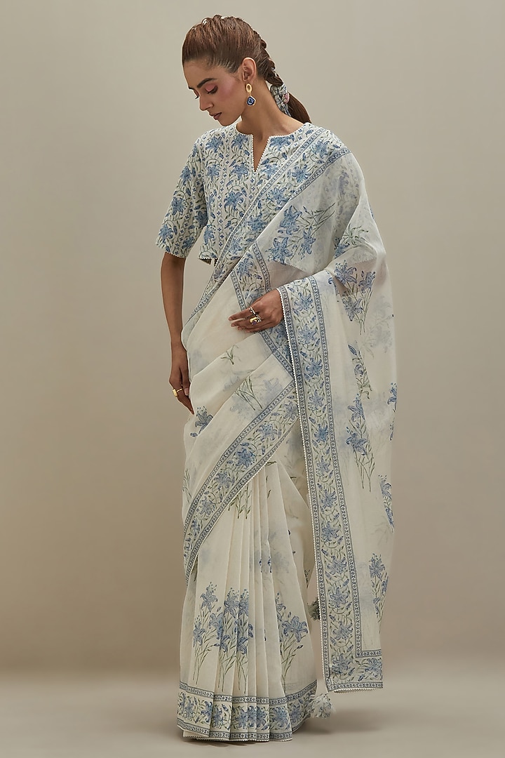 Off-White Cotton Chanderi Hand Block Printed Festive Saree by Kora at Pernia's Pop Up Shop