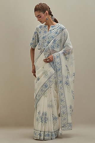Off-White Cotton Chanderi Hand Block Printed Saree by Kora