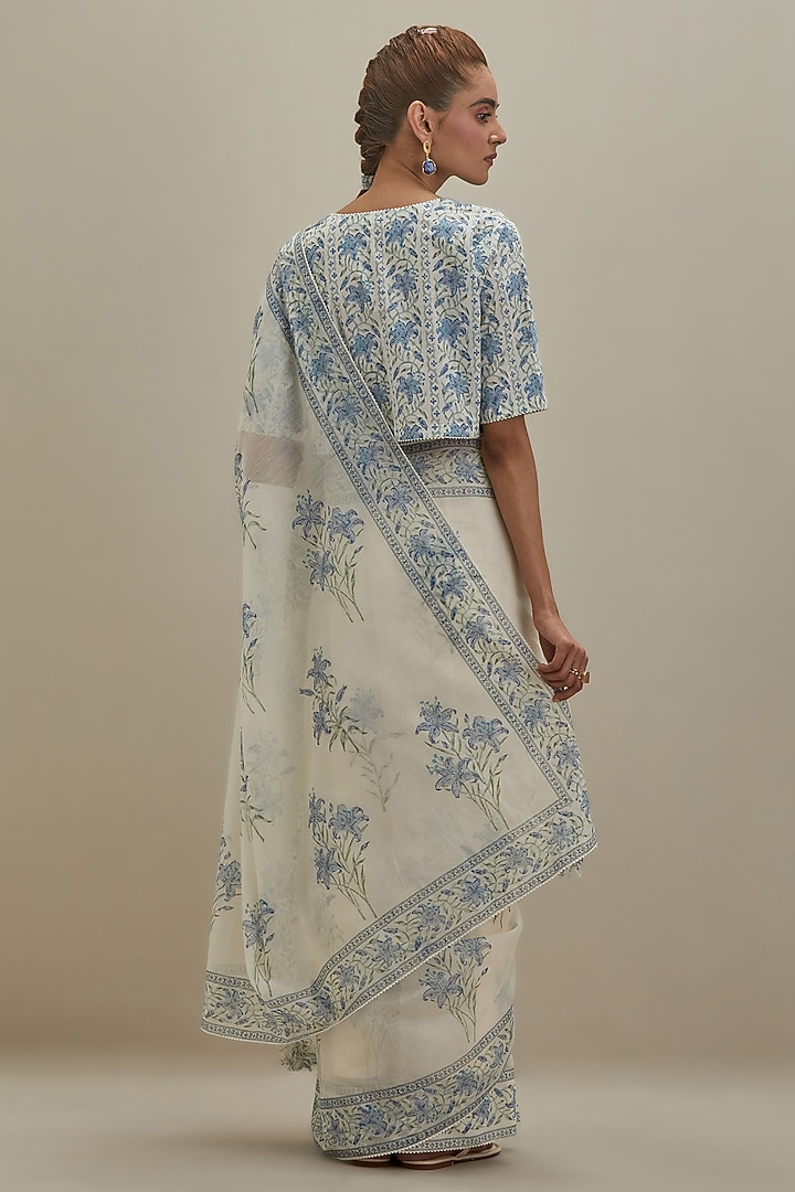 Off-White Cotton Chanderi Hand Block Printed Festive Saree by Kora at Pernia's Pop Up Shop