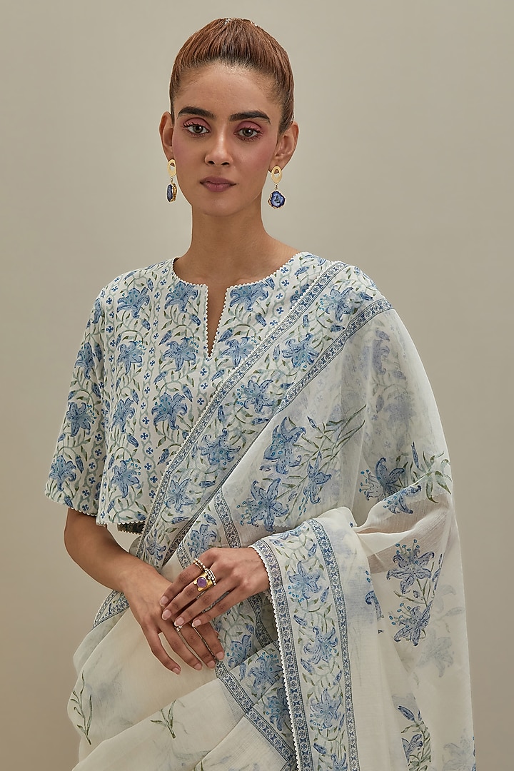 Off-White Cotton Chanderi Hand Block Printed Festive Saree by Kora at Pernia's Pop Up Shop