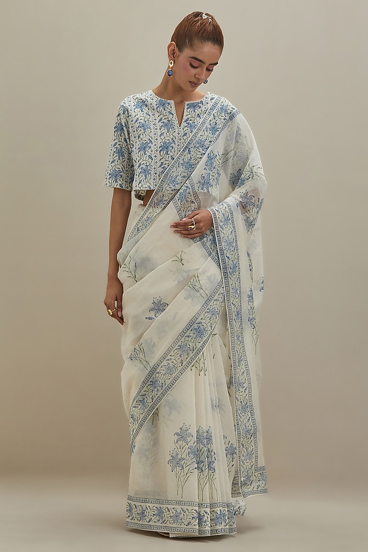 Off-White Cotton Chanderi Hand Block Printed Party Wear Saree Set by Kora at Pernia's Pop Up Shop