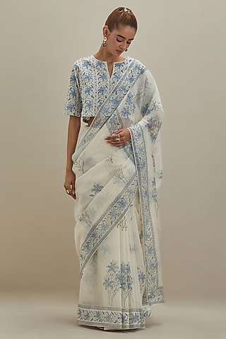 Off-White Cotton Chanderi Hand Block Printed Saree Set by Kora