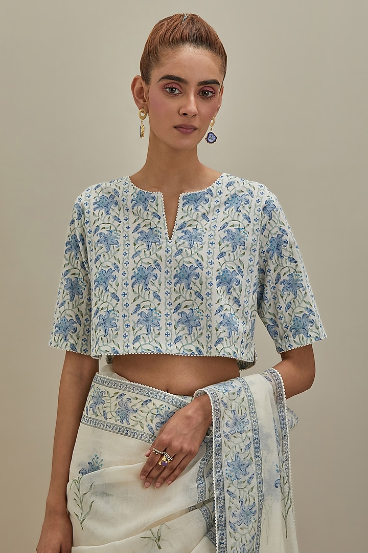 Off-White Cotton Chanderi Hand Block Printed Party Wear Saree Set by Kora at Pernia's Pop Up Shop