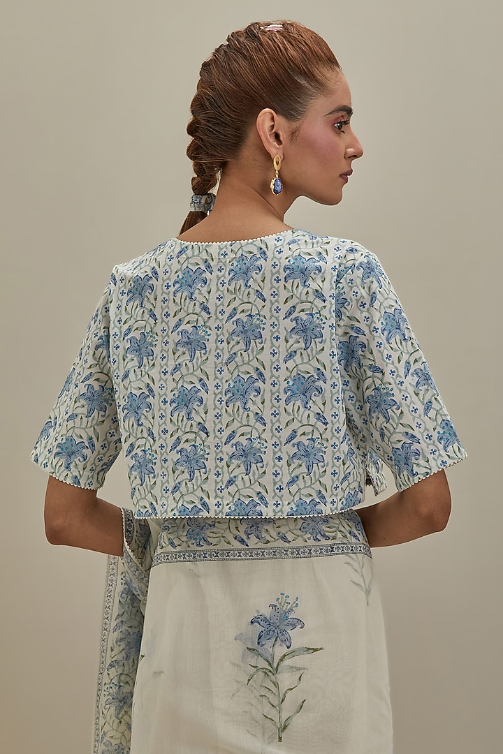 Off-White Cotton Chanderi Hand Block Printed Party Wear Saree Set by Kora at Pernia's Pop Up Shop