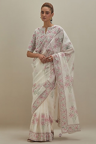 Off-White Cotton Chanderi Hand Block Printed Saree by Kora
