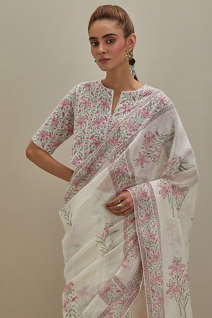 Off-White Cotton Chanderi Hand Block Printed Festive Saree by Kora at Pernia's Pop Up Shop