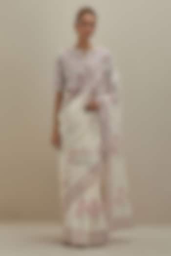 Off-White Cotton Chanderi Hand Block Printed Party Wear Saree Set by Kora at Pernia's Pop Up Shop