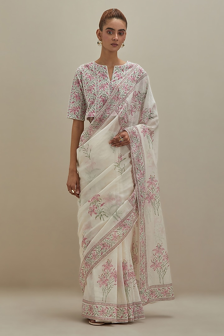Off-White Cotton Chanderi Hand Block Printed Party Wear Saree Set by Kora at Pernia's Pop Up Shop