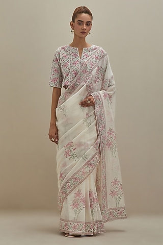 Off-White Cotton Chanderi Hand Block Printed Saree Set by Kora