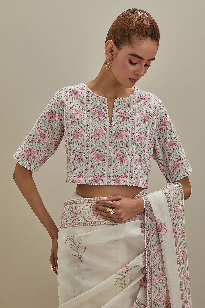 Off-White Cotton Chanderi Hand Block Printed Party Wear Saree Set by Kora at Pernia's Pop Up Shop