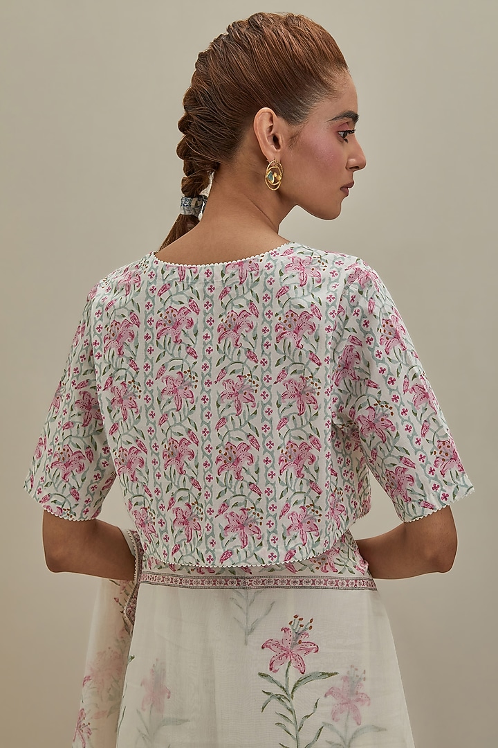 Off-White Cotton Chanderi Hand Block Printed Party Wear Saree Set by Kora at Pernia's Pop Up Shop