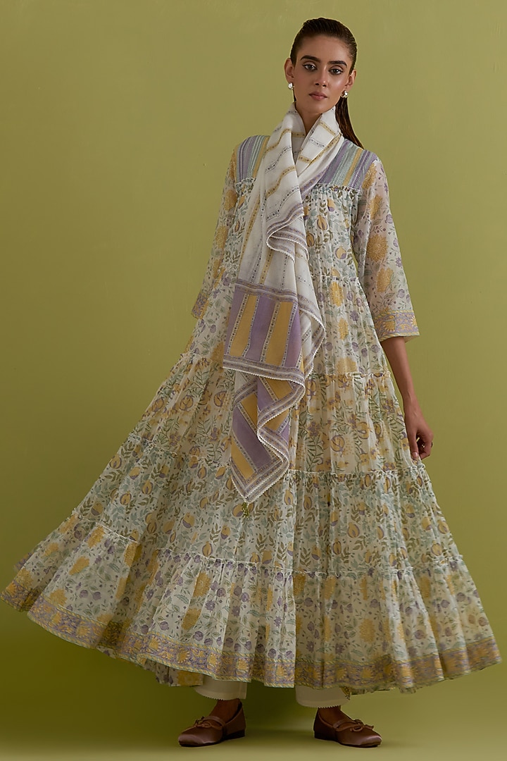 Off-White Cotton Chanderi Hand-Block Printed Kurta Set by Kora at Pernia's Pop Up Shop