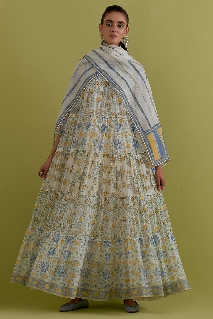 Off-White Cotton Chanderi Hand-Block Printed Kurta Set by Kora at Pernia's Pop Up Shop