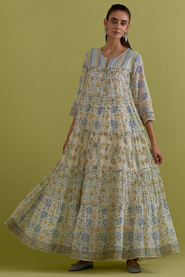 Off-White Cotton Chanderi Hand-Block Printed Kurta Set by Kora at Pernia's Pop Up Shop
