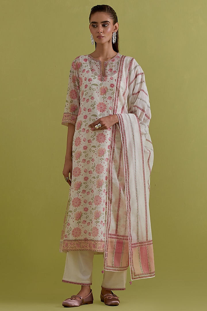 Off-White Cotton Chanderi Hand-Block Printed Kurta Set by Kora at Pernia's Pop Up Shop