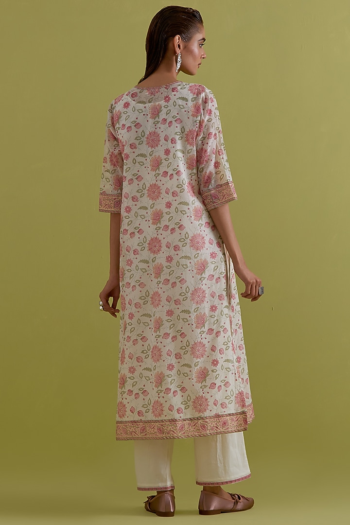 Off-White Cotton Chanderi Hand-Block Printed Kurta Set by Kora at Pernia's Pop Up Shop