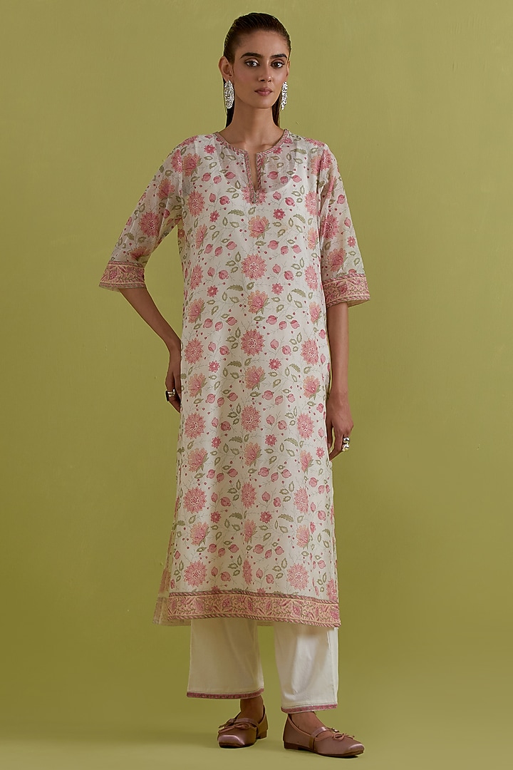 Off-White Cotton Chanderi Hand-Block Printed Kurta Set by Kora at Pernia's Pop Up Shop