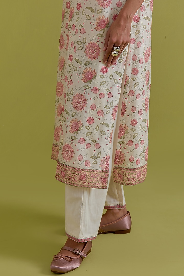 Off-White Cotton Chanderi Hand-Block Printed Kurta Set by Kora at Pernia's Pop Up Shop