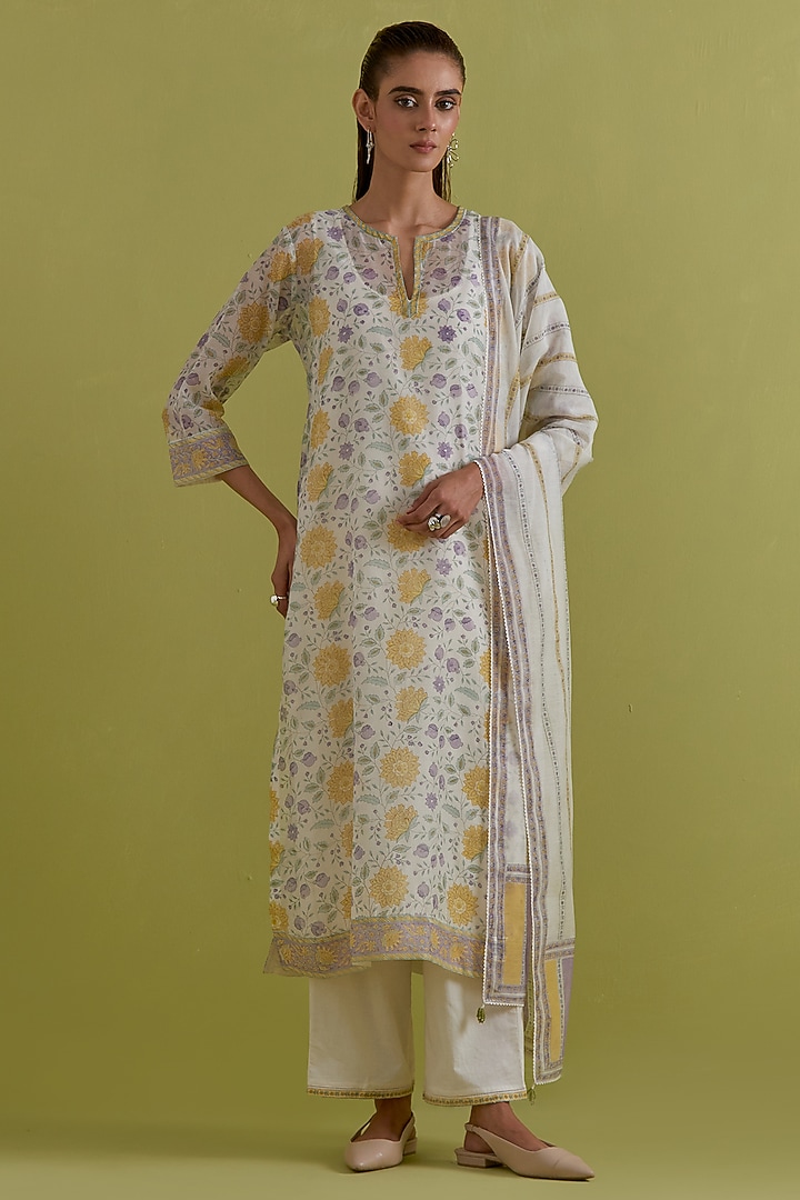 Off-White Cotton Chanderi Hand-Block Printed Kurta Set by Kora at Pernia's Pop Up Shop