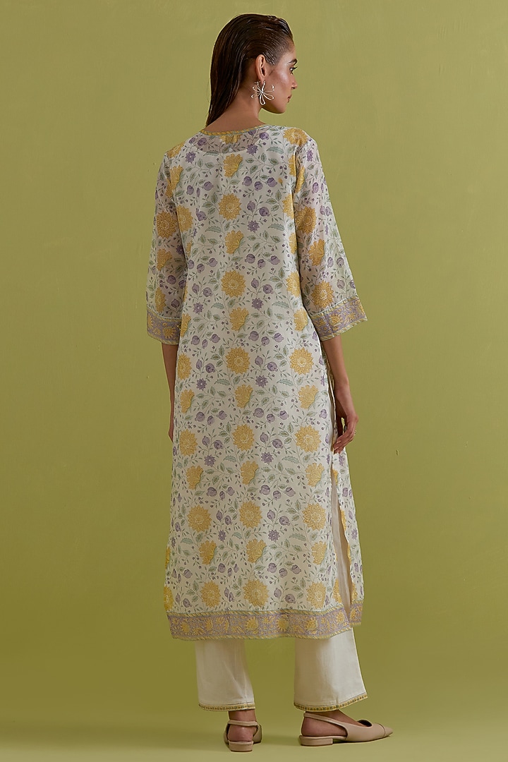 Off-White Cotton Chanderi Hand-Block Printed Kurta Set by Kora at Pernia's Pop Up Shop