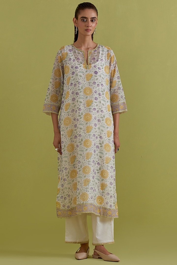 Off-White Cotton Chanderi Hand-Block Printed Kurta Set by Kora at Pernia's Pop Up Shop