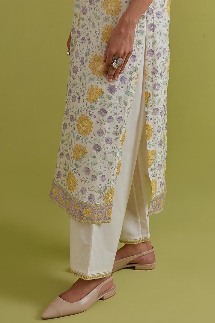 Off-White Cotton Chanderi Hand-Block Printed Kurta Set by Kora at Pernia's Pop Up Shop