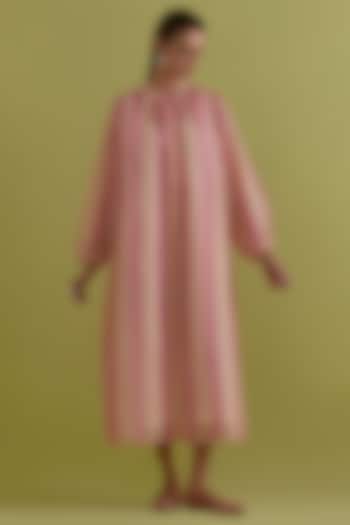 Pink & Peach Cotton Chanderi Hand-Block Stripe Printed Summer Dress by Kora at Pernia's Pop Up Shop