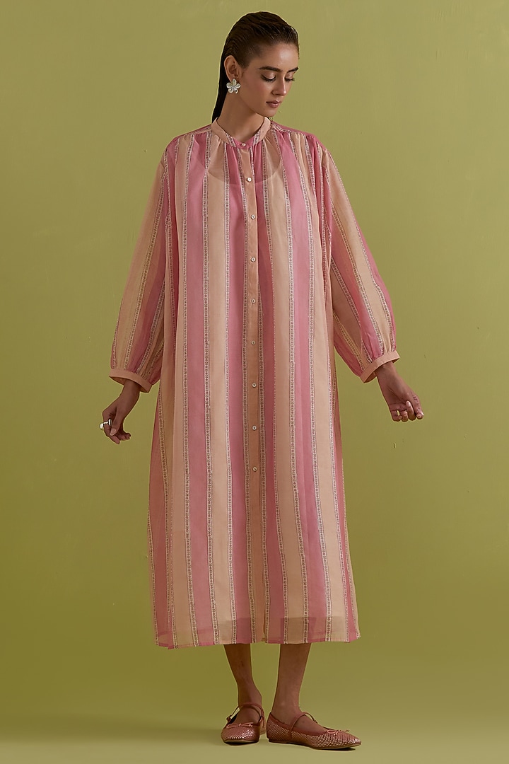 Pink & Peach Cotton Chanderi Hand-Block Stripe Printed Summer Dress by Kora at Pernia's Pop Up Shop